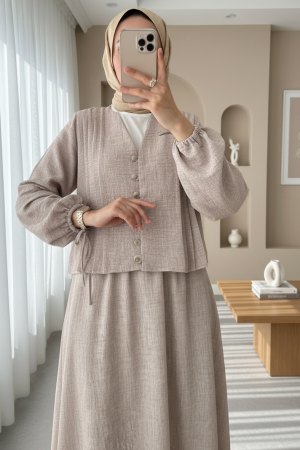 Kolu Bağlamalı Önü Düğmeli Etekli Takım    -Vizon