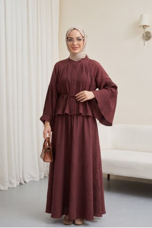Pliseli Bağcıklı Etekli Jakarlı Gofre Takım -Bordo