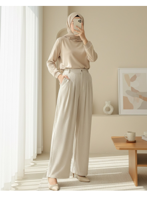 Cepli Bol Paça Pul Detaylı Kadife Pantolon   -Bej