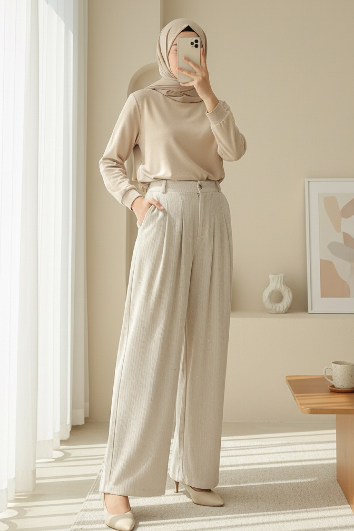 Wide Leg Velvet Trousers with Pockets and Sequin Detail  - Beige