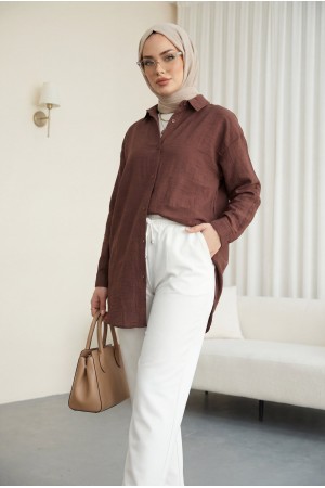 قميص بأزرار أمامية بقصة بيضاوية -بنى
