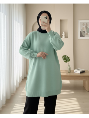 Yuvarlak Yaka Kolu Örgü Detaylı Triko Kazak -Su Yeşili