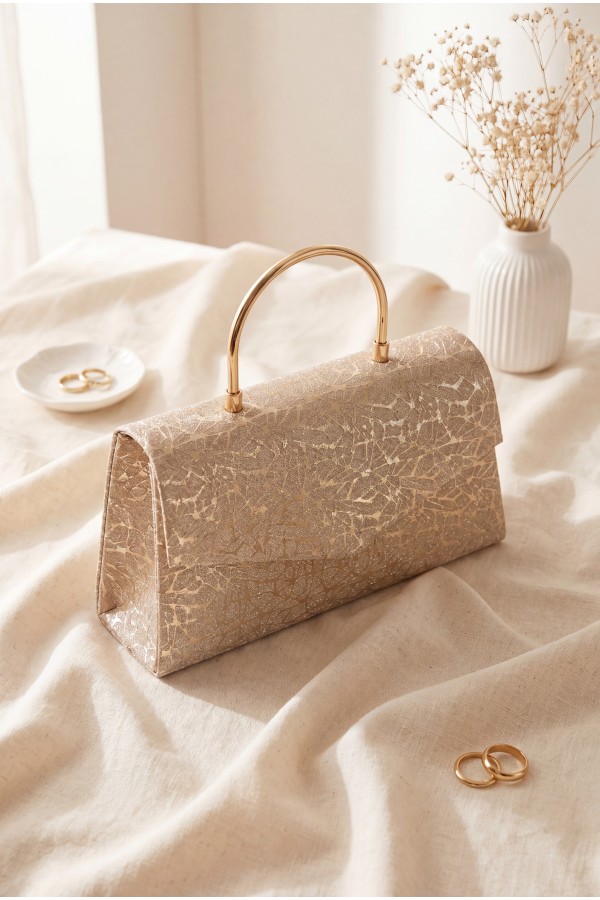 Metal Handle Chain Envelope Flap Patterned Glittery Evening Bag -Gold