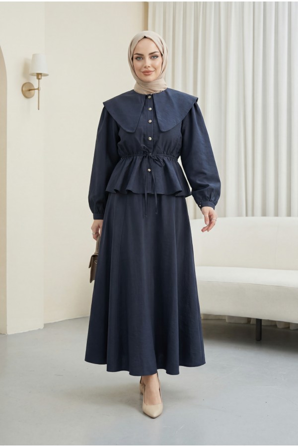 Seagull Collar, Elasticated Waist, Buttoned Skirt Cupra Suit -Navy blue