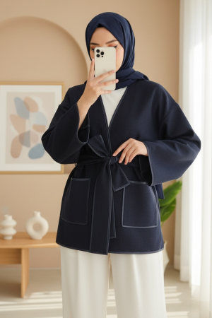 Biye Detaylı Çift Cepli Kuşaklı Kaşe Kimono -Laci