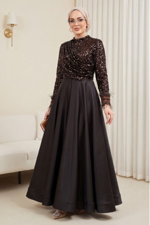 Üstü Pul Payet Kolları Tüylü Eteği Saten Abiye -K. Kahve