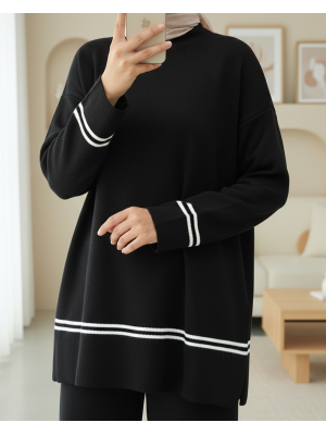 Eteği Ve Kolu Çizgili Triko Takım -Siyah