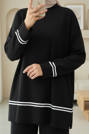 Eteği Ve Kolu Çizgili Triko Takım -Siyah