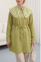 Poplin Tunic with Lace Neckline and Drawstring Waist and Sleeves -Oil Green