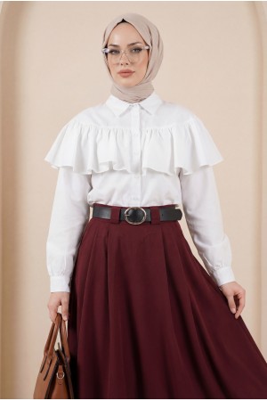 Kalın Kemerli Önü Pileli Yan Cepli Fermuarlı Tivil Etek -Bordo