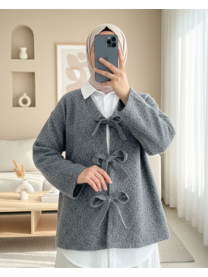 Önü Bağlamalı Kırçıllı Kaşe Ceket  -Gri