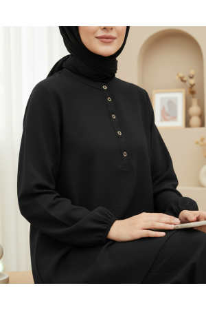 بدلة كتان بياقة عالية مرنة ذات أزرار نصفية  -أسود