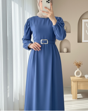 Karpuz Kol Tokalı Kemerli Elbise -İndigo