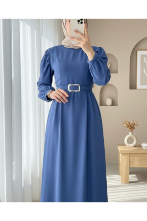 Karpuz Kol Tokalı Kemerli Elbise -İndigo