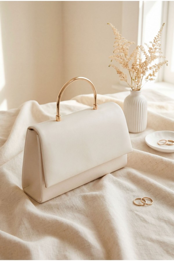 Patent Leather Evening Bag with Metal Handle and Chain Closure -Cream color