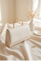 Patent Leather Evening Bag with Metal Handle and Chain Closure -Cream color