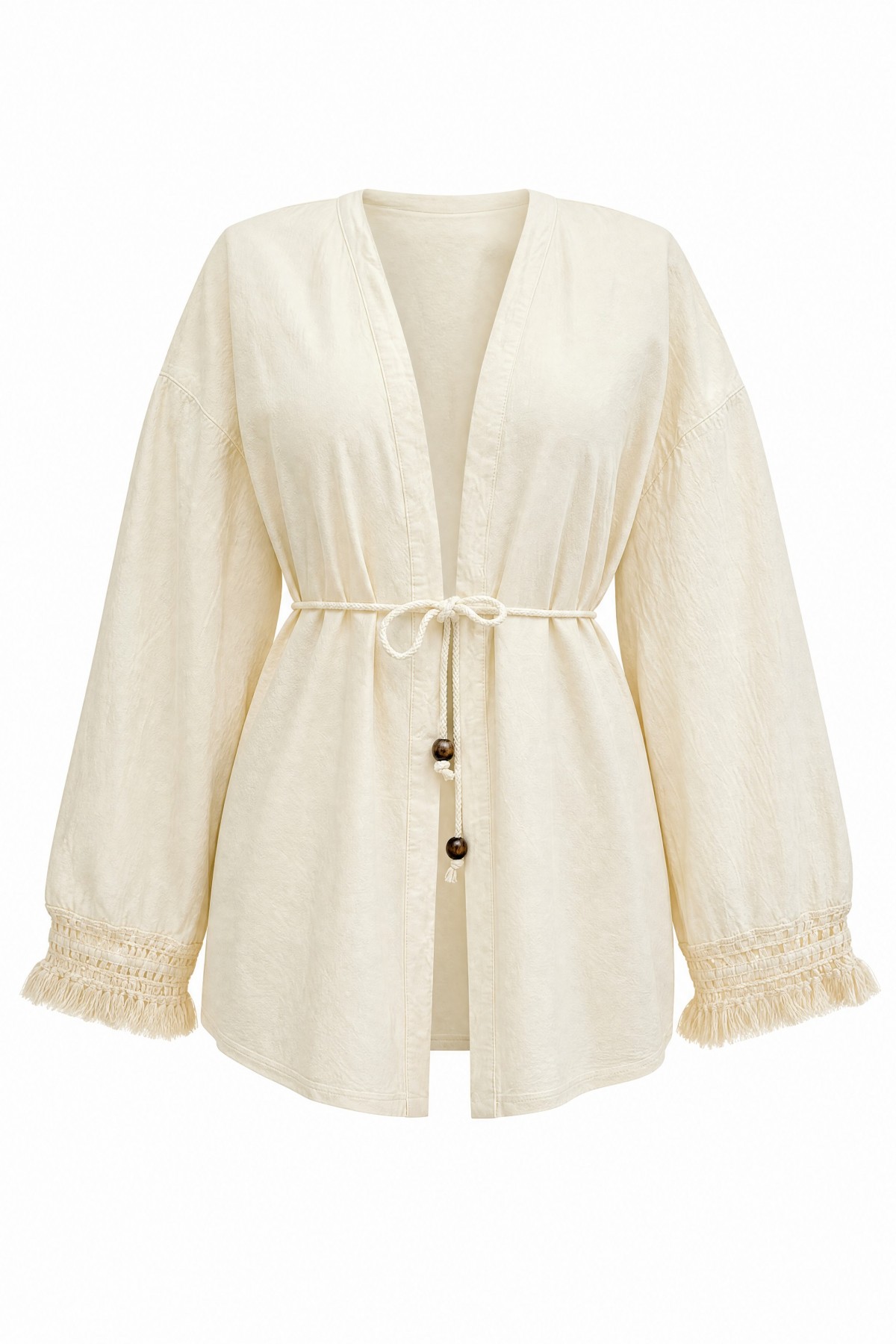 Linen-look kimono with lace tassel cuffs and drawstring waist. -Cream color