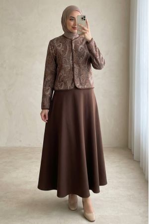 Etnik Desenli Top Düğmeli Scuba Takım -Kahve