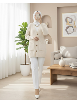 Çift Cepli Yumoş Örgü Hırka -Taş