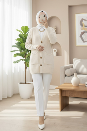 Çift Cepli Yumoş Örgü Hırka -Taş