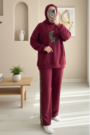 Leopar Figürlü Ve Desenli Pantolonlu Scuba Takım  -Bordo