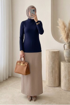 بلوزة داخلية بأكمام طويلة وياقة عالية -كحلي