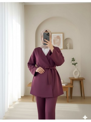Beli Kuşaklı V Yaka  Scuba Kimono  -Bordo