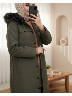 Pull-out Hooded Snap Pocket Short Coat -Khaki