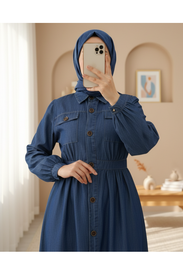 Denim Dress with Elastic Sleeves and Buttons on the Neck and Double Pockets -İndigo