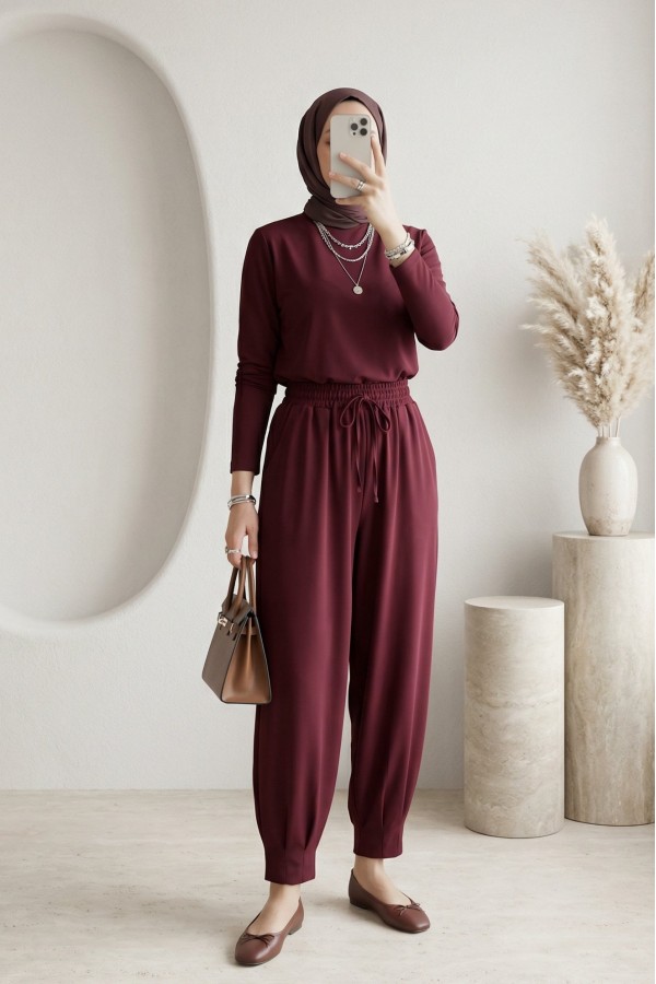 6591 Dokuma Şalvar Pantolon - Bordo