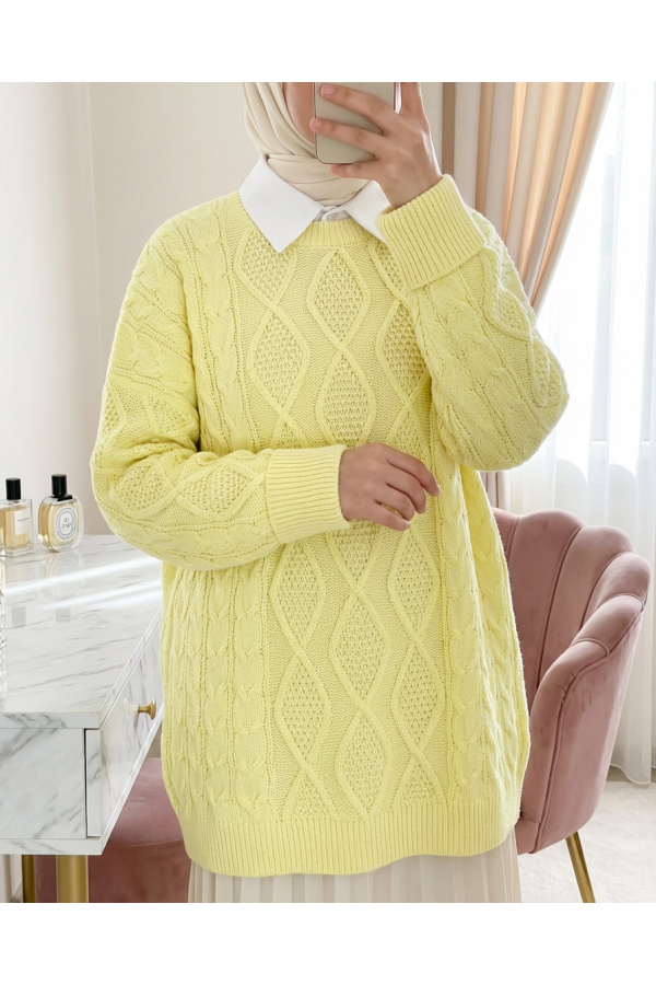 Honeycomb Pattern Loose Knitwear Sweater             -Light yellow