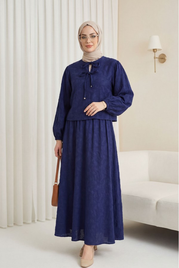 Jacquard Suit with Elasticated Sleeves, Tie-Collar and Skirt -Navy blue