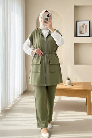 Çift Cepli Fermuarlı Lastik Detaylı Kısakollu Scuba Takım   -Haki