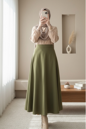 Loose Flared Scuba Puff Skirt      -Khaki