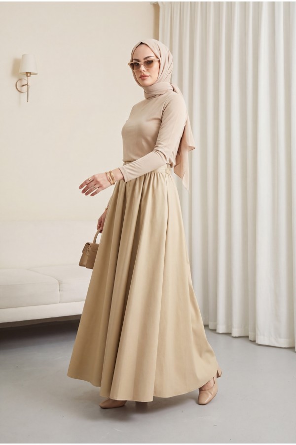 Pleated Bondit Skirt with Pockets - Beige