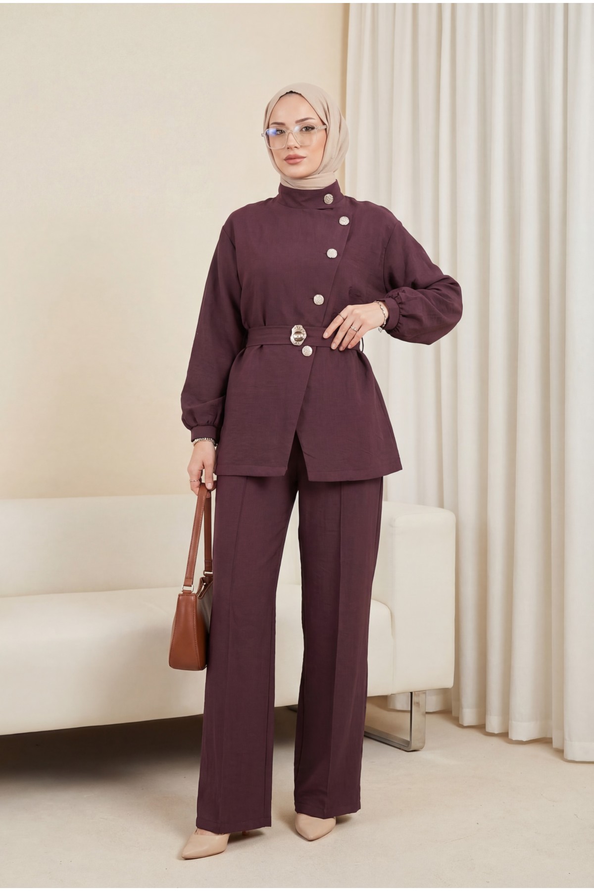 Cupra Suit with Gold Buttons, Buckle, Belt, and Ruffle Details -Damson