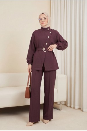 Gold Düğmeli Tokalı Kemerli Fırfır Detaylı Cupra Takım  -Mürdüm