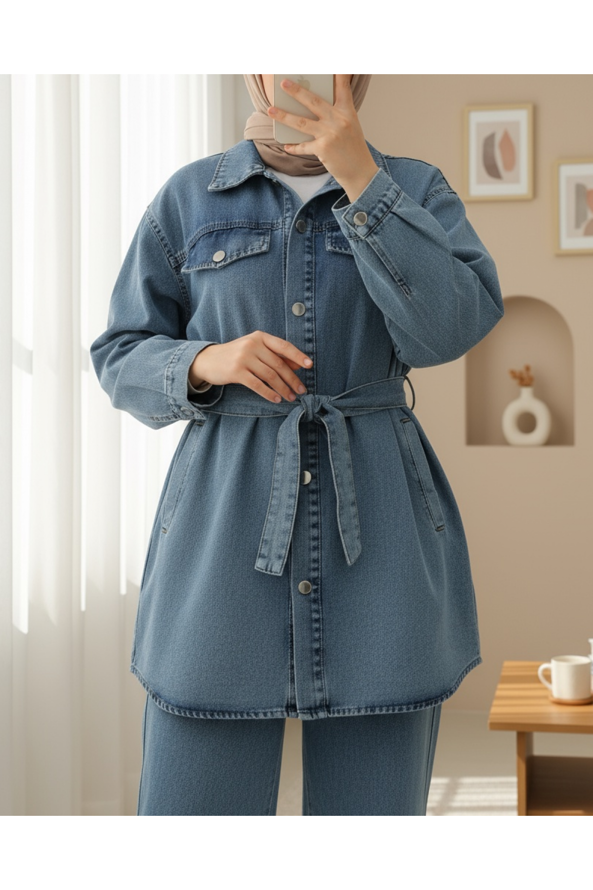 Pocketed Waist Belted Buttoned Denim Suit -Ice Blue