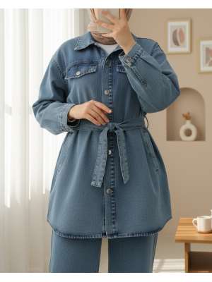 Cepli Beli Kemerli Düğmeli Kot Takım -Buz Mavi