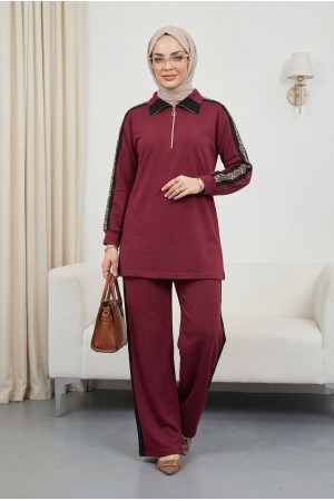طقم جيرسي بياقة وسحاب نصفي وجوانب منقوشة -بوردو