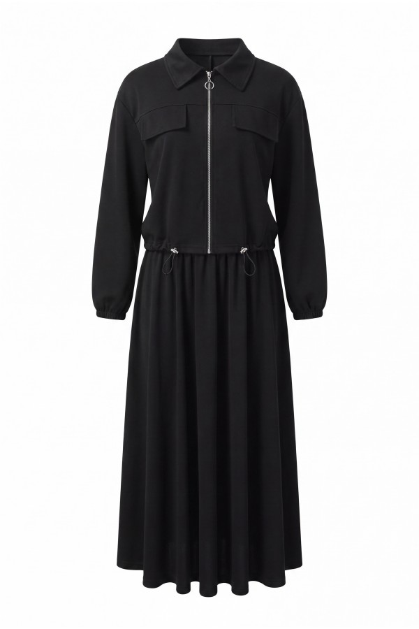 Oysho Set with Zipper, Elastic Waist, Shirt Collar, and Flap Pockets -Black