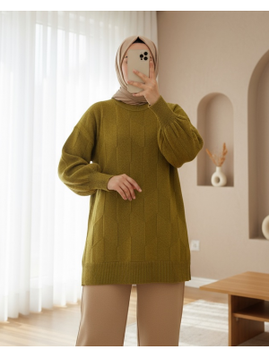 Yuvarlak Yaka Salaş Desenli Triko Kazak -Yağ Yeşili