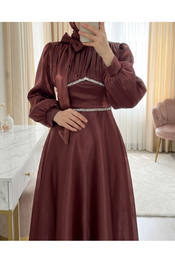 Balloon Sleeve Evening Dress with Bow Collar and Stone Detail at Waist -Dried rose