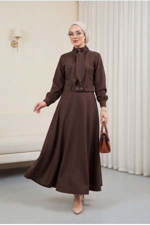 Gizli Düğmeli Fular Detaylı Etekli Diagonal Takım   -Kahve