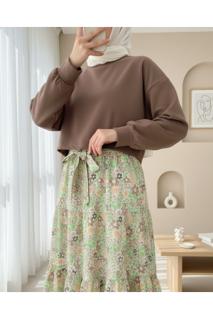 Floral Patterned Belted Two Piece Suit -Brown