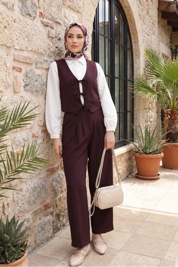 Front Tie Vest Trousers Two Piece Set    -Dark Bordo