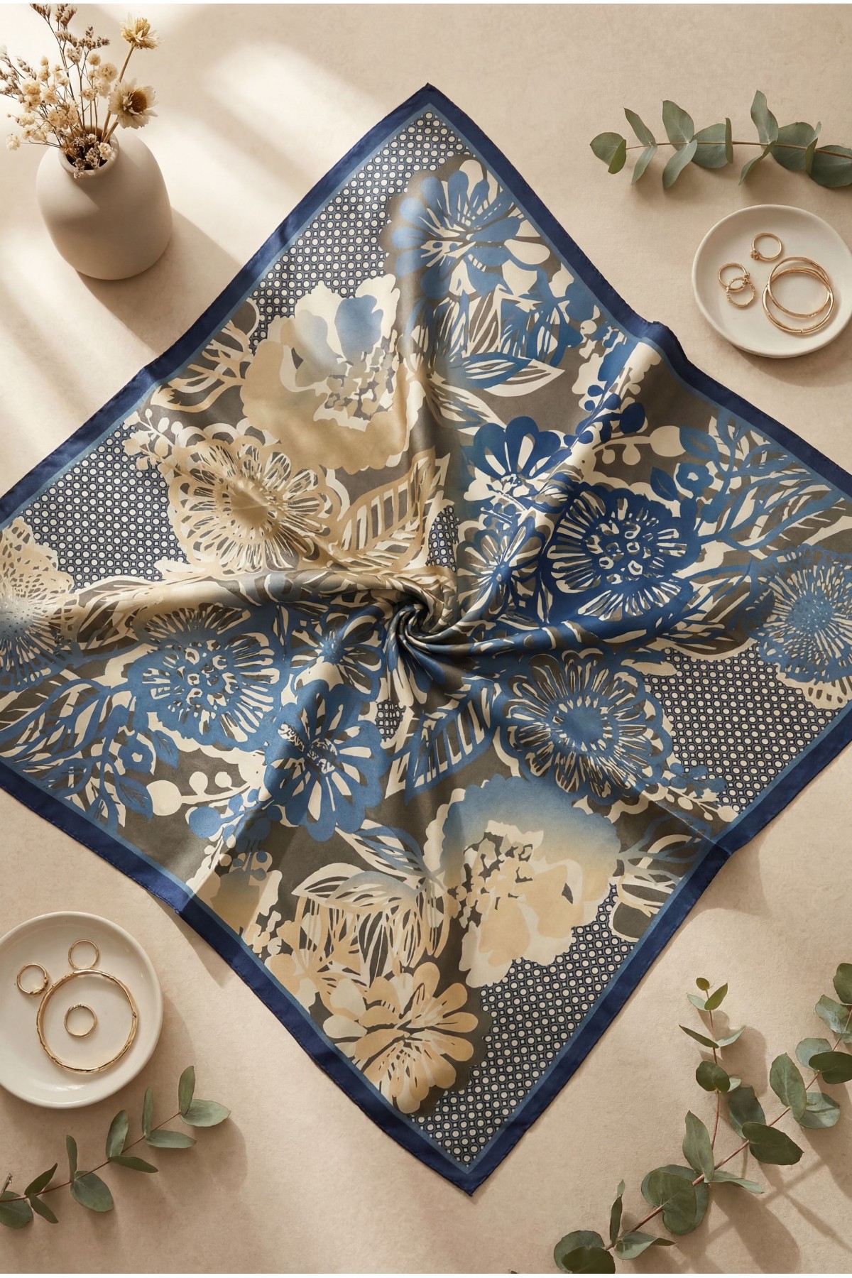 Botanical Effect Rayon Scarf -Navy blue