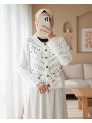 Çiçek Nakışlı Ponponlu Ajurlu Triko Hırka  -Ekru