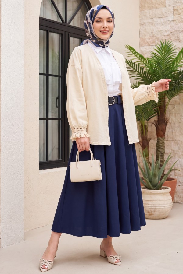 Kolları Püsküllü Beli Kemerli Keten Kimono  -Krem