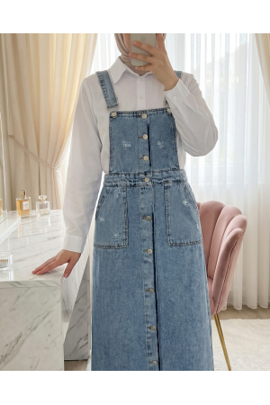 Yıpratma Detaylı Boydan Düğmeli Çift Cepli Kot Salopet -Buz Mavi